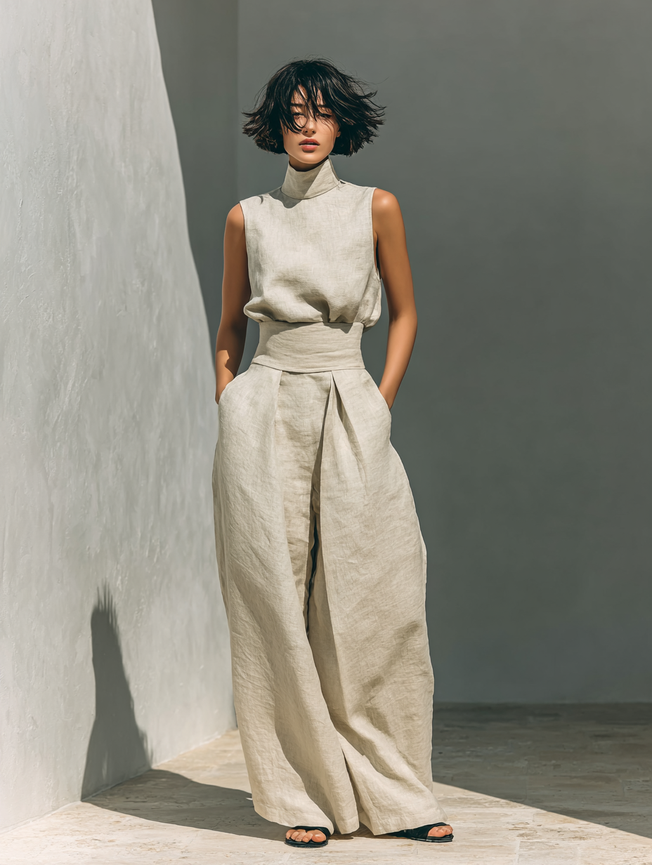 Maria™ | Ensemble complet avec top à col montant et pantalons larges en coton et lin