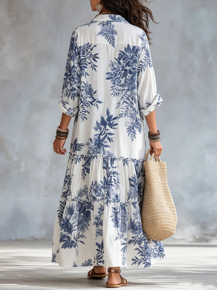 Dahlia™ | Robe maxi à volants en fleurs bleues bohèmes