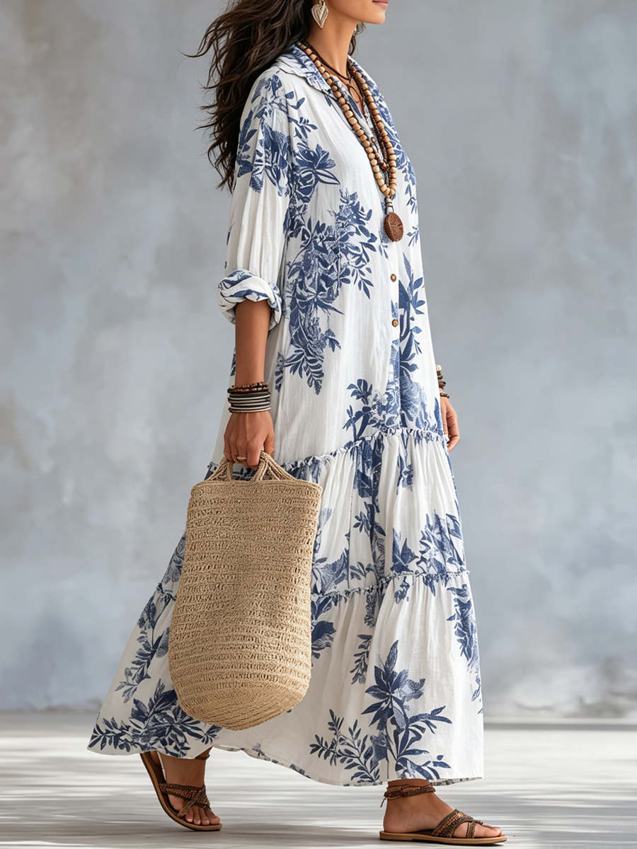 Dahlia™ | Robe maxi à volants en fleurs bleues bohèmes