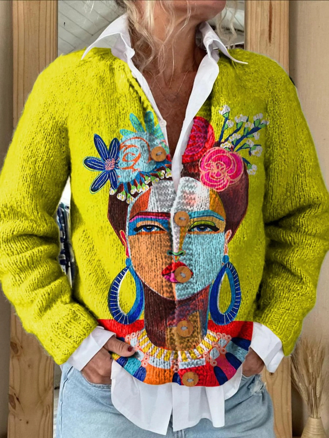 Peinture à l'huile Portrait Freda Art Imprimé | Pull Cardigan Boutonné