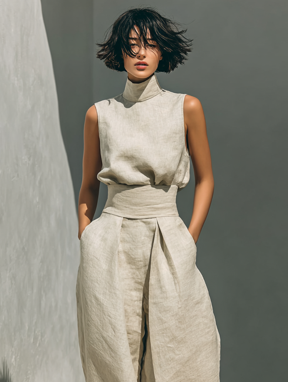 Maria™ | Ensemble complet avec top à col montant et pantalons larges en coton et lin