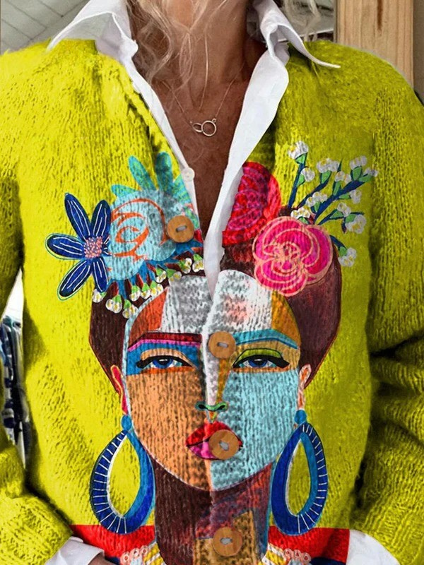Peinture à l'huile Portrait Freda Art Imprimé | Pull Cardigan Boutonné
