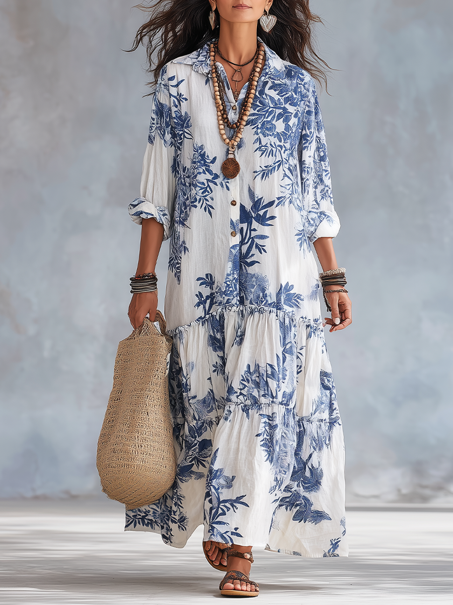 Dahlia™ | Robe maxi à volants en fleurs bleues bohèmes