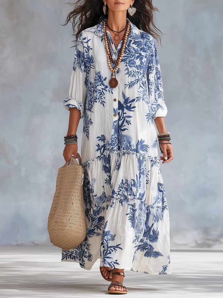 Dahlia™ | Robe maxi à volants en fleurs bleues bohèmes
