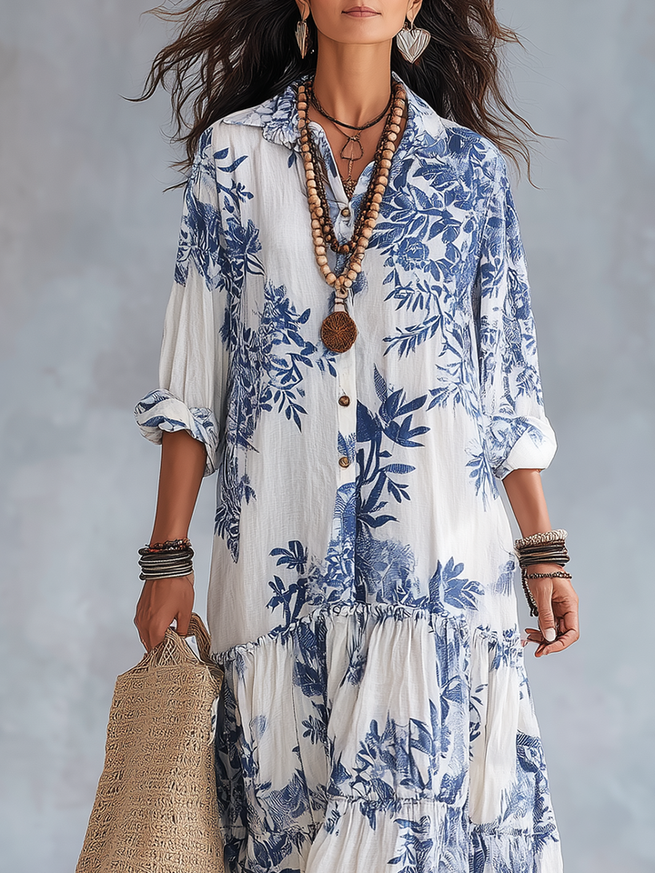 Dahlia™ | Robe maxi à volants en fleurs bleues bohèmes
