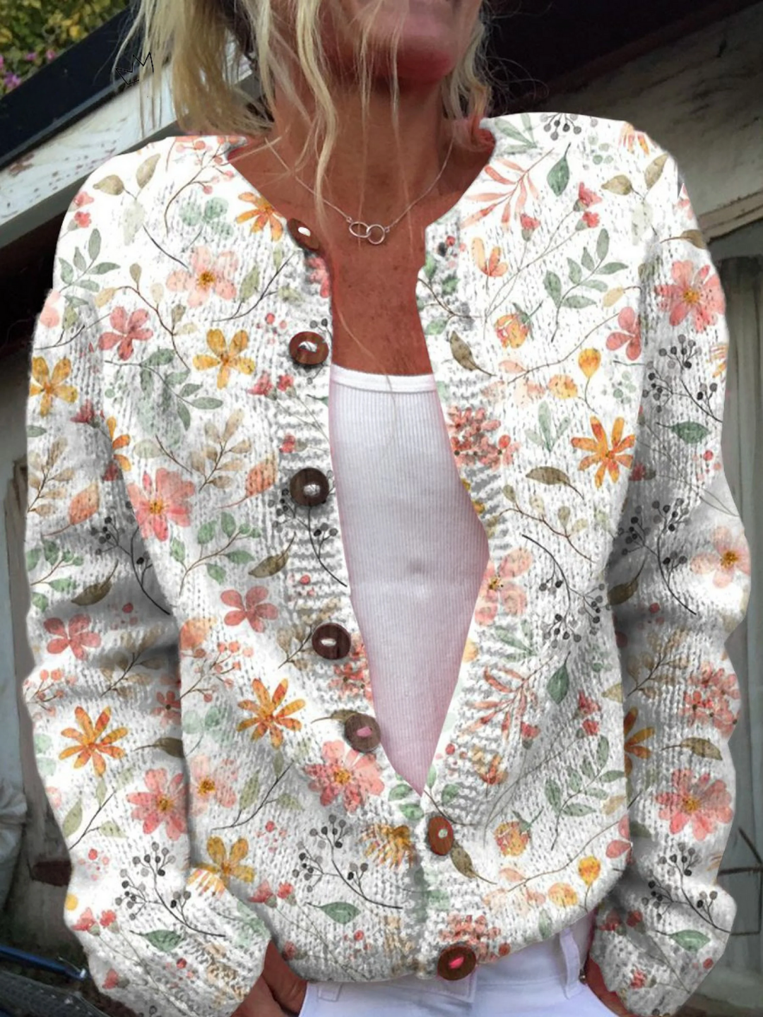 Cardigan en Tricot Boutonné avec Imprimé de Petites Fleurs Mignonnes et Fraîches