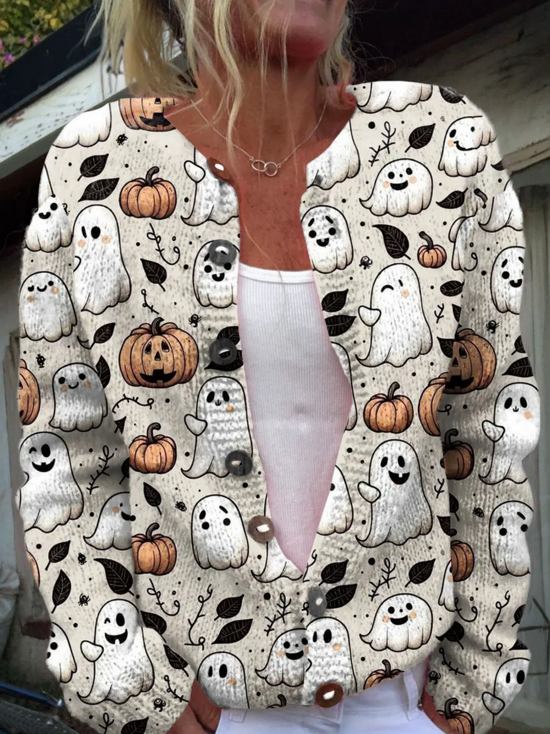 Fantôme Amusant Halloween | Impression Artistique | Pull Cardigan Boutonné