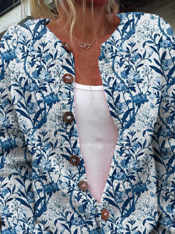 Cardigan en Tricot Boutonné à Motif Floral Bleu et Blanc Élégant