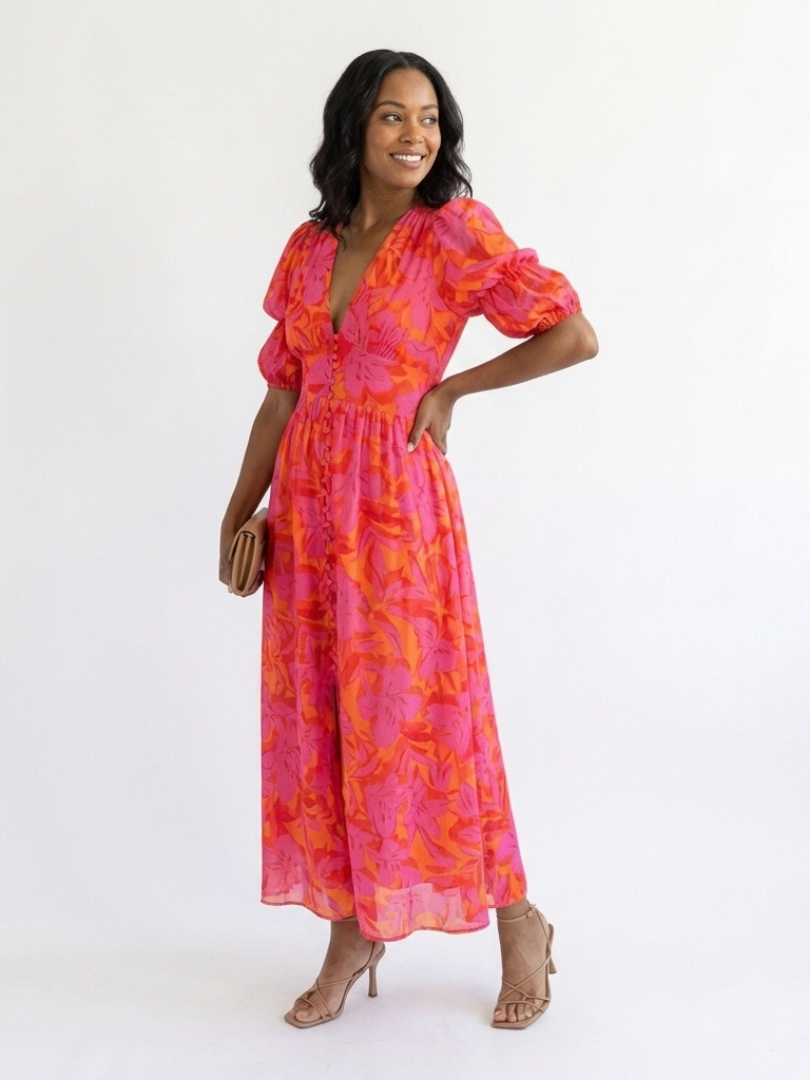Willow | Robe Midi à Manches Bouffantes et Décolleté en V Floral