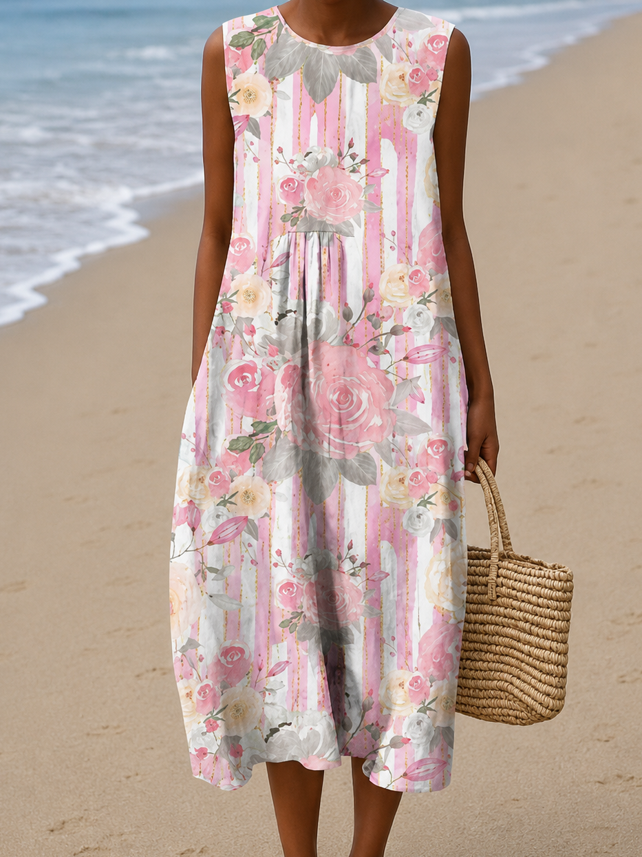 Aria - Robe Midi de Plage Sans Manches avec Imprimé pour Femme