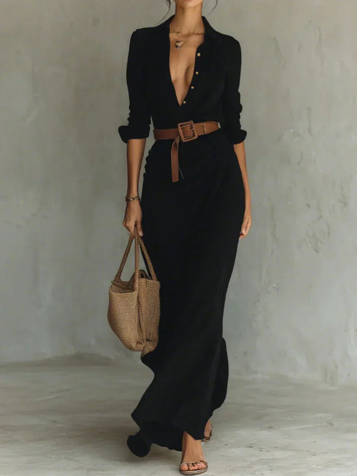 Camille™ | Maxi Robe avec Revers et Ceinture à la Taille
