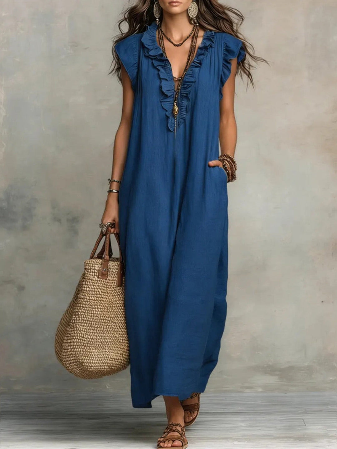 Cobaltine | Robe Maxi à Manches Volantes