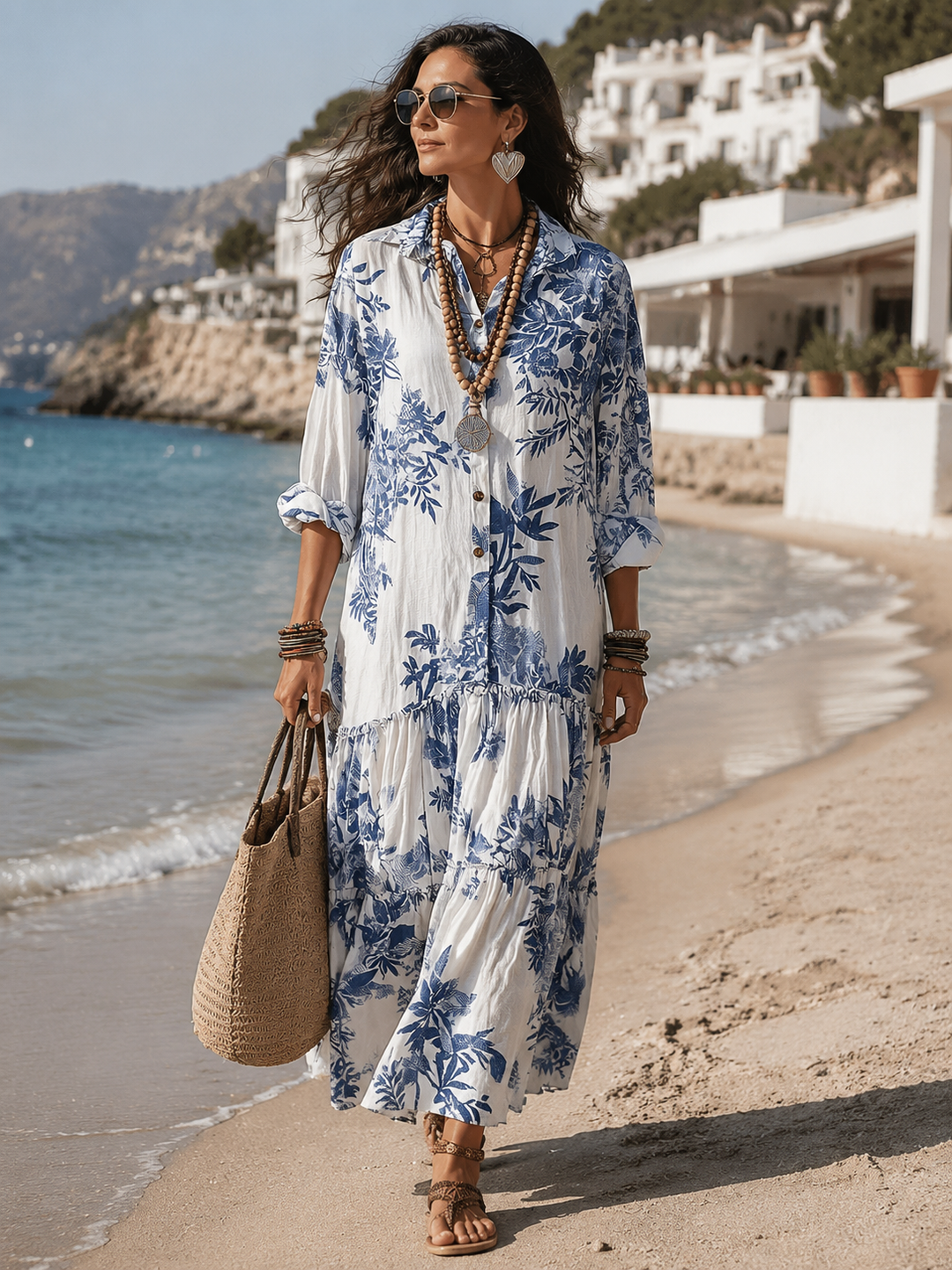 Dahlia™ | Robe maxi à volants en fleurs bleues bohèmes