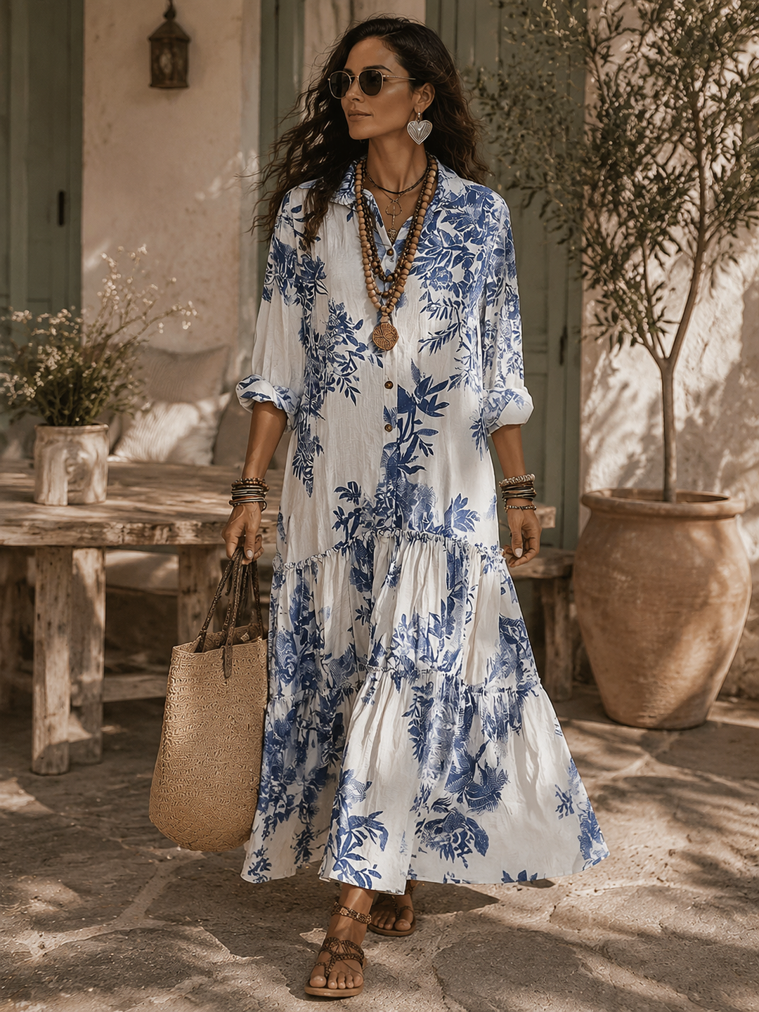 Dahlia™ | Robe maxi à volants en fleurs bleues bohèmes