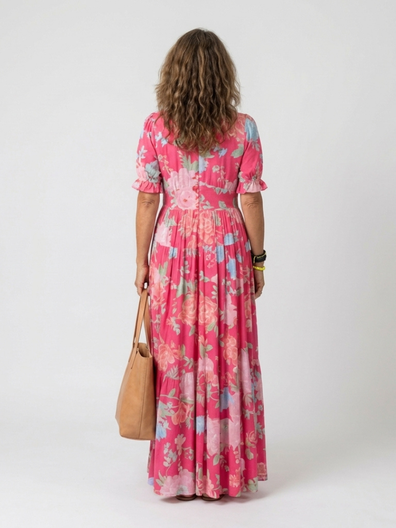 Ione | Robe midi à manches courtes, décolleté en V et imprimé floral