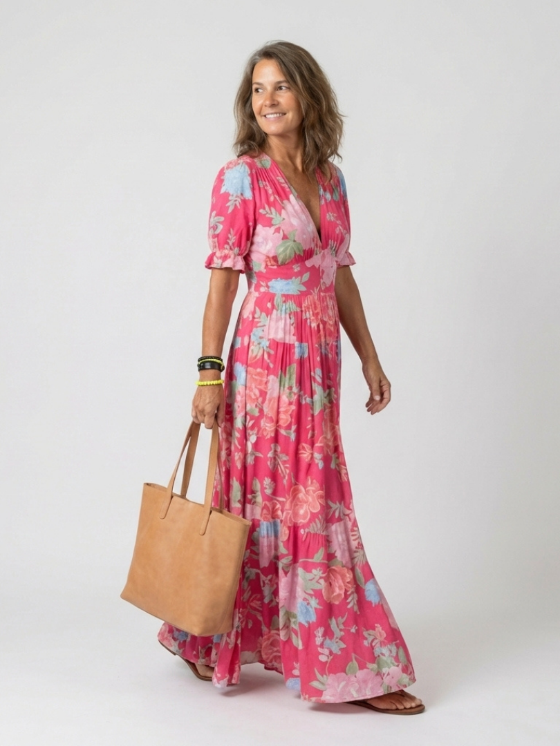 Ione | Robe midi à manches courtes, décolleté en V et imprimé floral