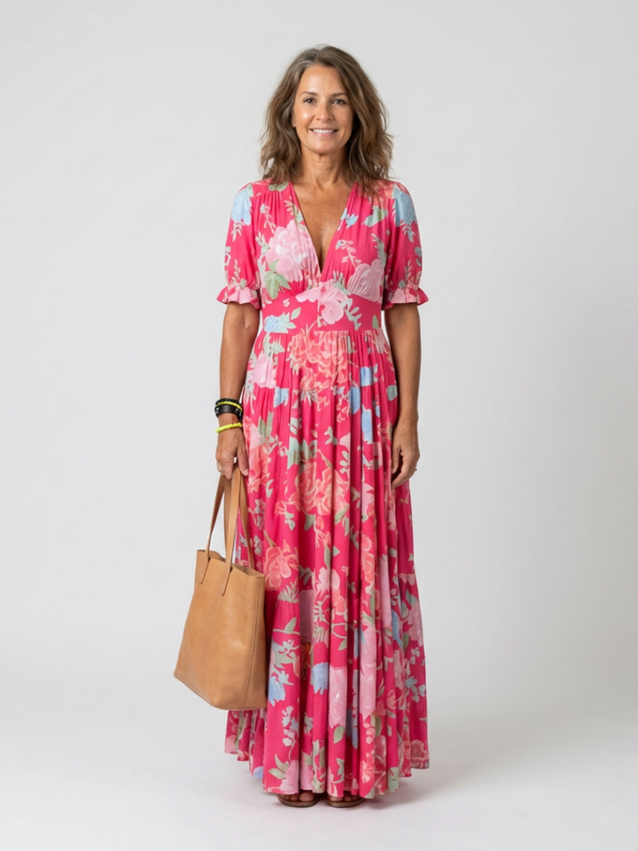 Ione | Robe midi à manches courtes, décolleté en V et imprimé floral