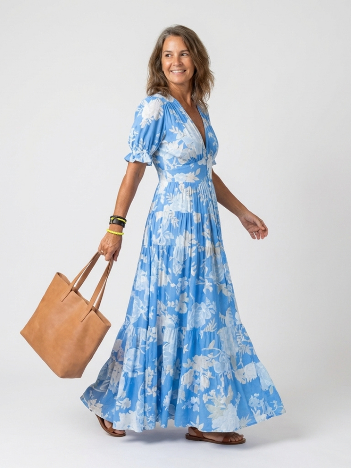 Ione | Robe midi à manches courtes, décolleté en V et imprimé floral