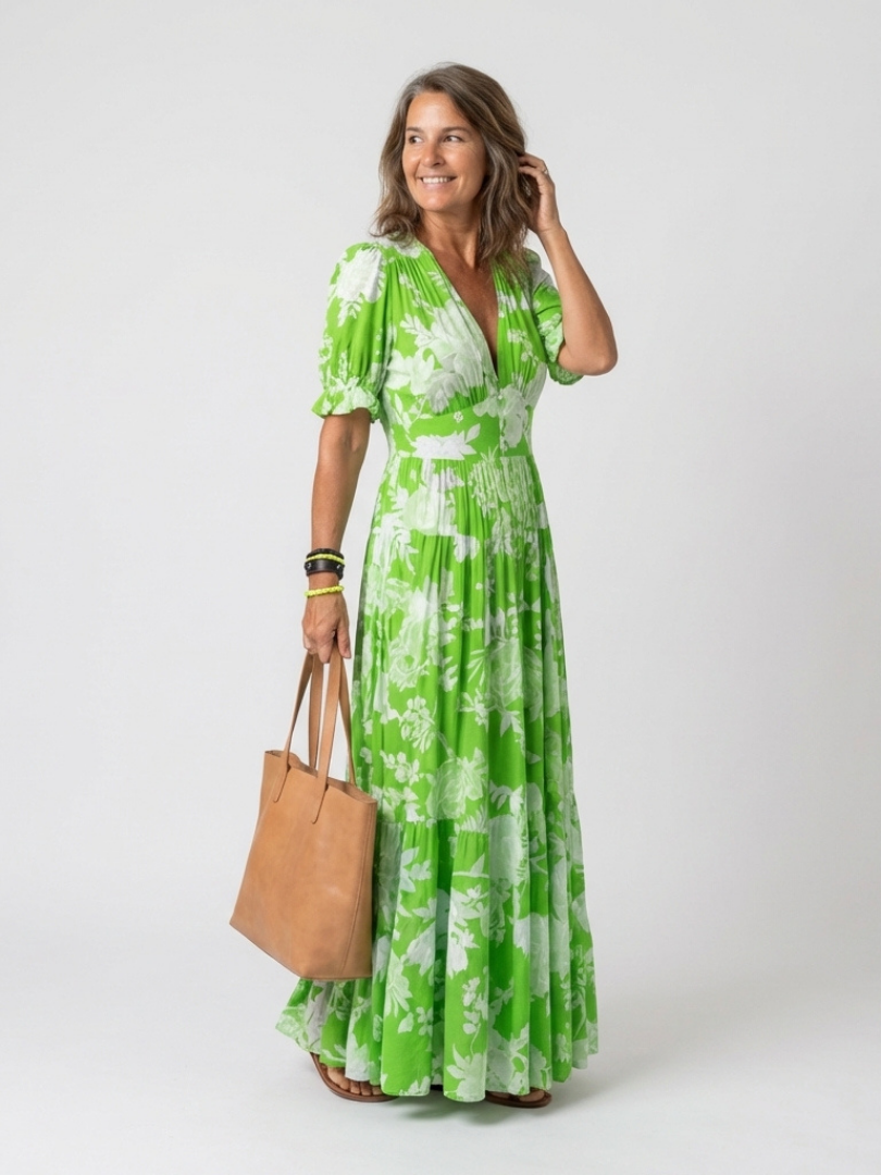 Ione | Robe midi à manches courtes, décolleté en V et imprimé floral