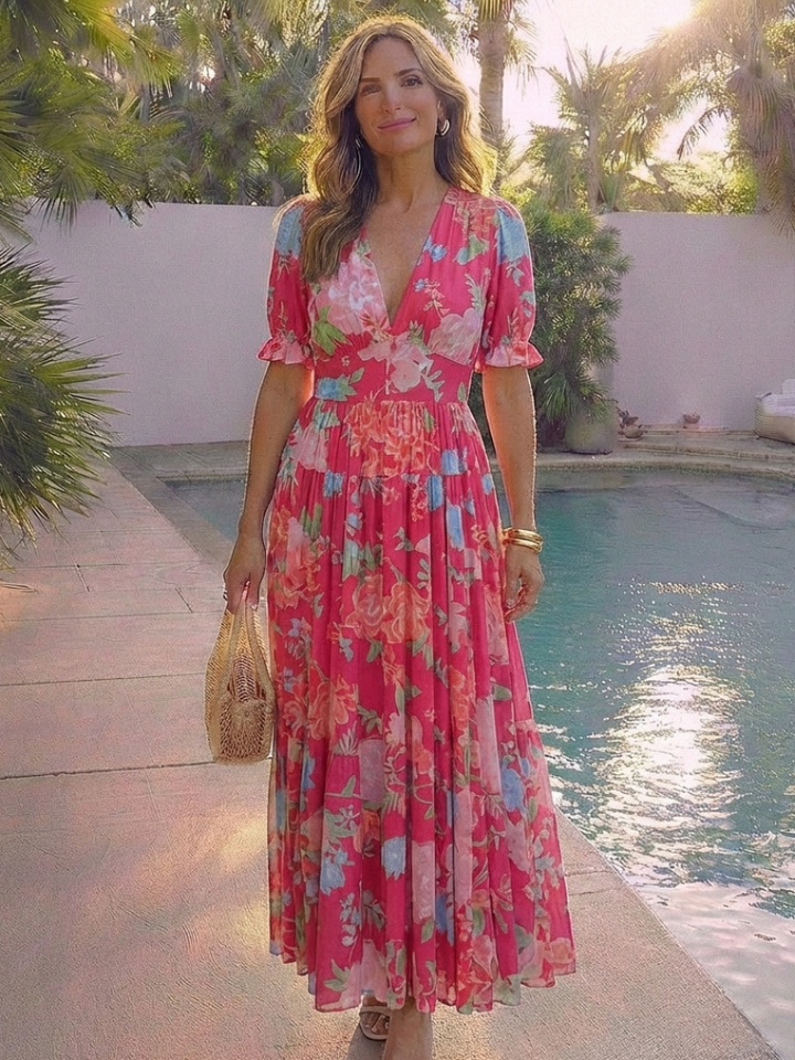 Ione | Robe midi à manches courtes, décolleté en V et imprimé floral
