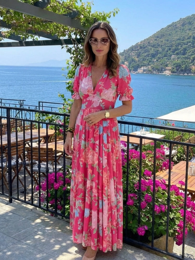 Ione | Robe midi à manches courtes, décolleté en V et imprimé floral