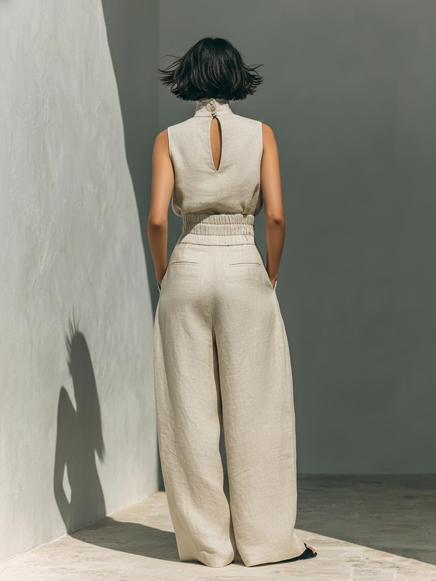 Maria™ | Ensemble complet avec top à col montant et pantalons larges en coton et lin