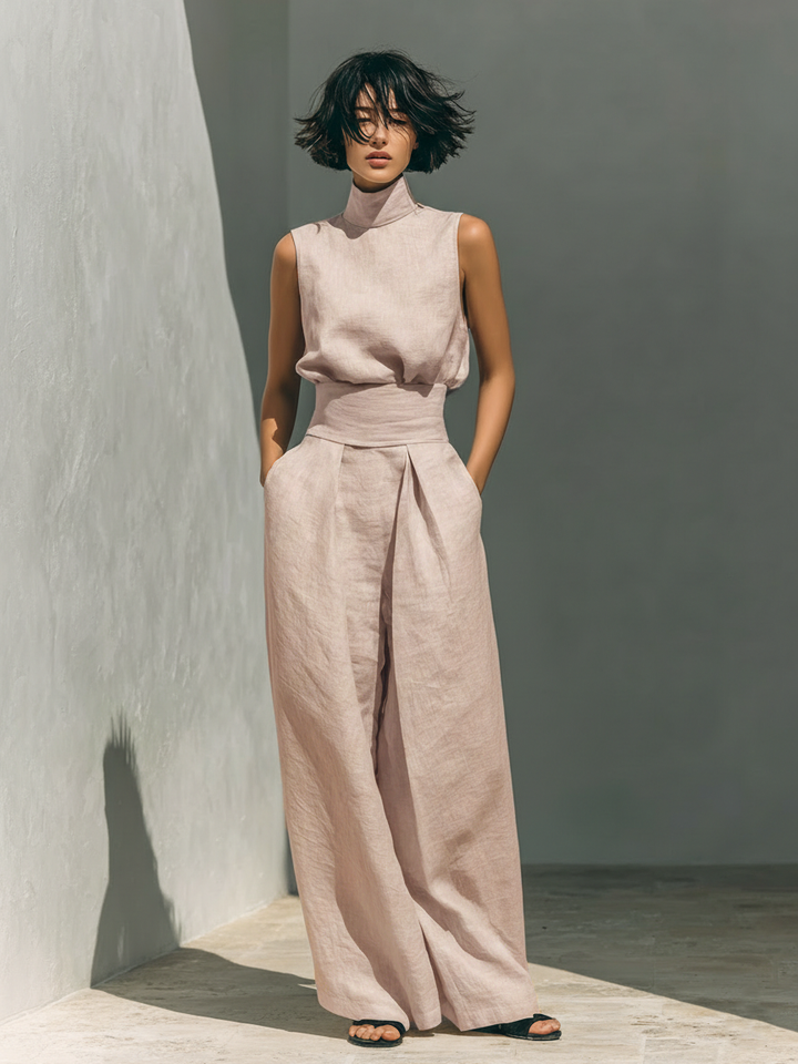 Maria™ | Ensemble complet avec top à col montant et pantalons larges en coton et lin