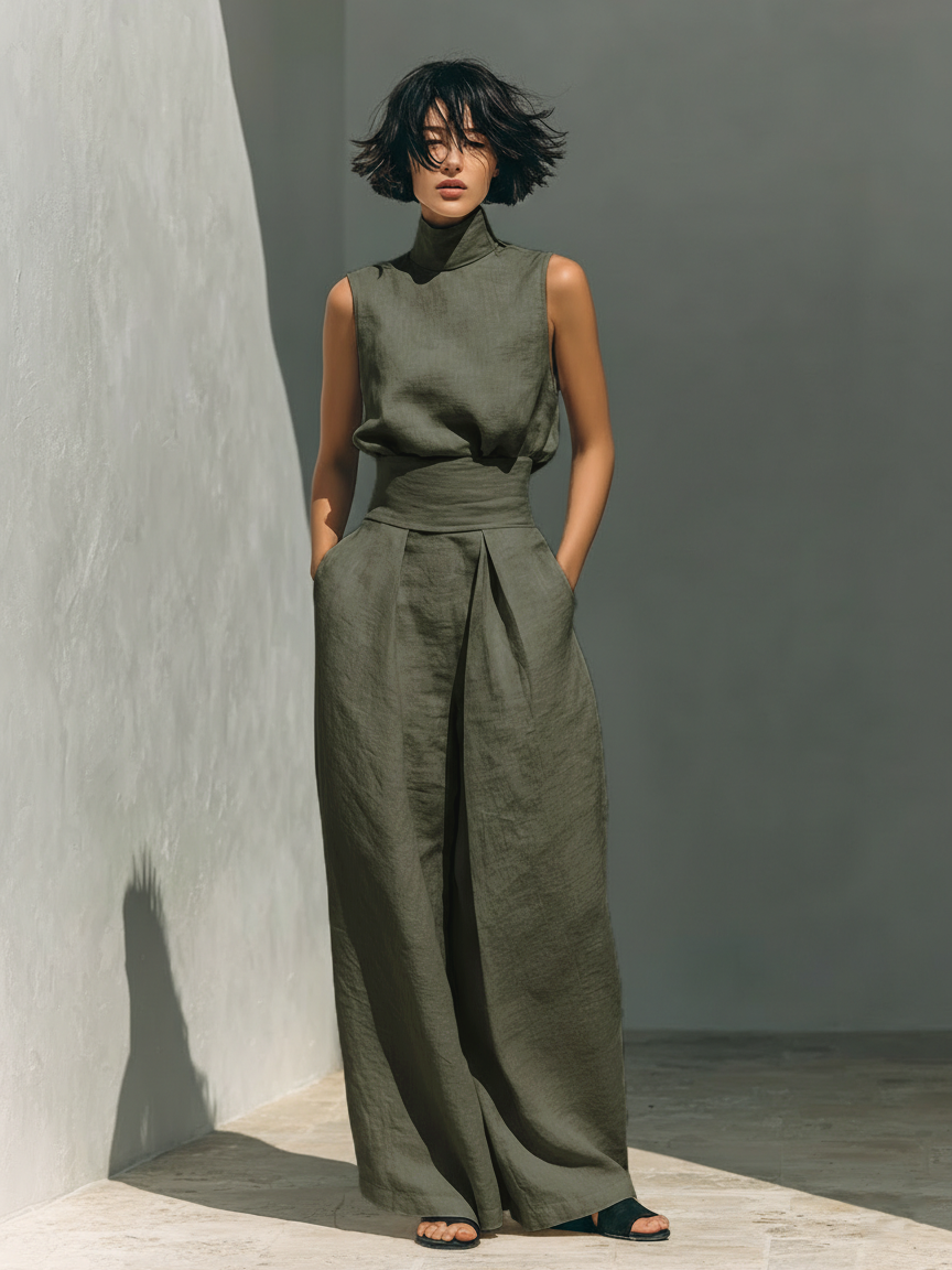 Maria™ | Ensemble complet avec top à col montant et pantalons larges en coton et lin