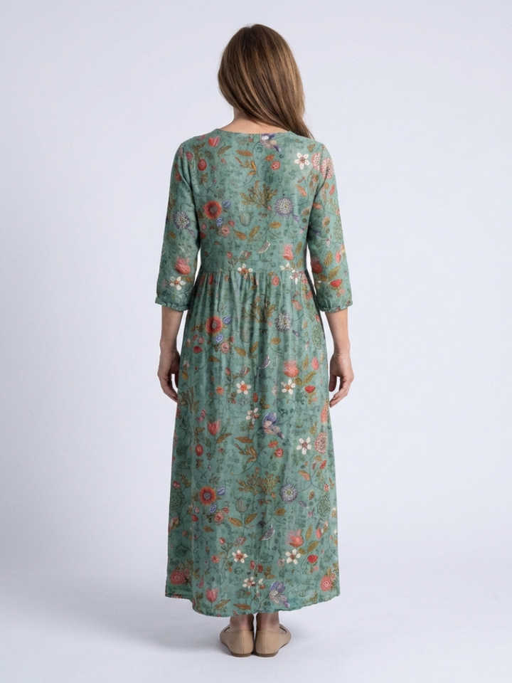 Marina | Robe Maxi à Col V Floral à Manches Trois Quarts