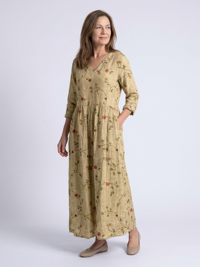Marina | Robe Maxi à Col V Floral à Manches Trois Quarts