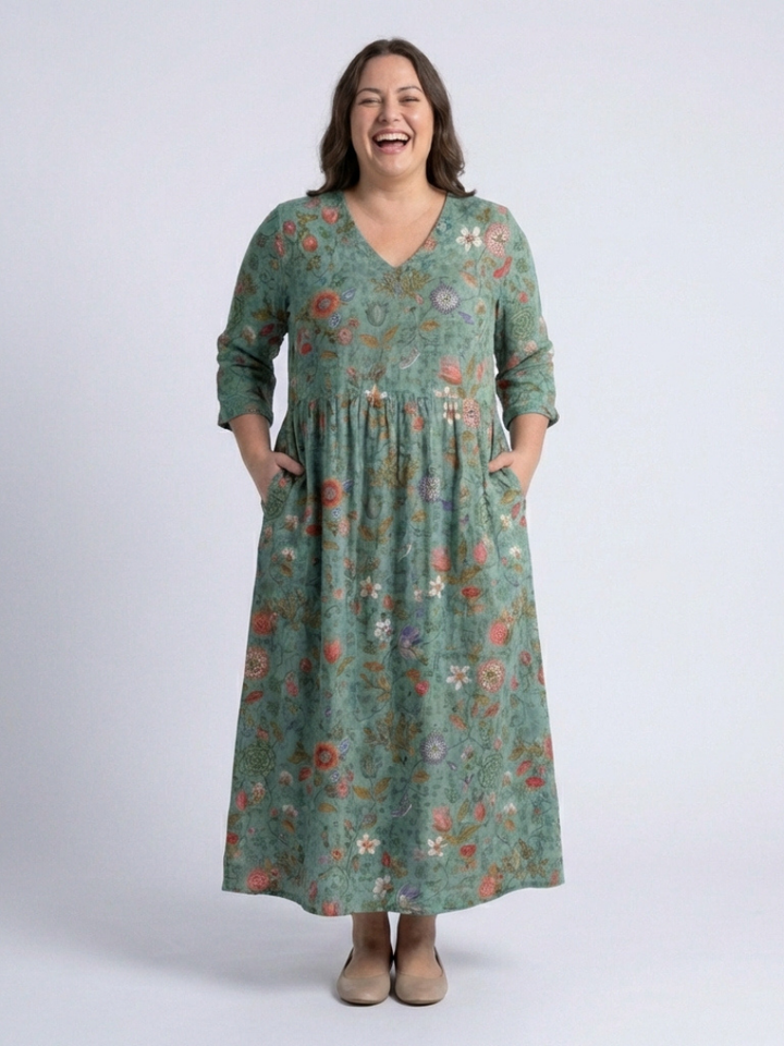 Marina | Robe Maxi à Col V Floral à Manches Trois Quarts