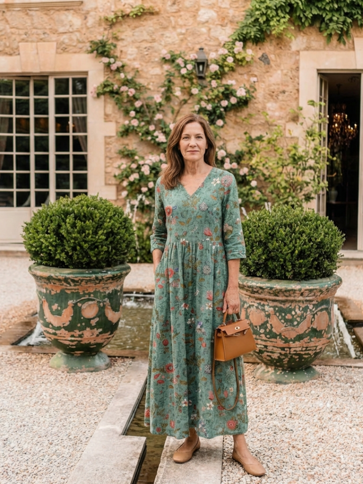 Marina | Robe Maxi à Col V Floral à Manches Trois Quarts