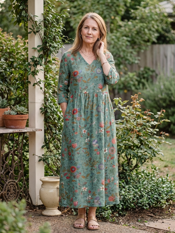 Marina | Robe Maxi à Col V Floral à Manches Trois Quarts