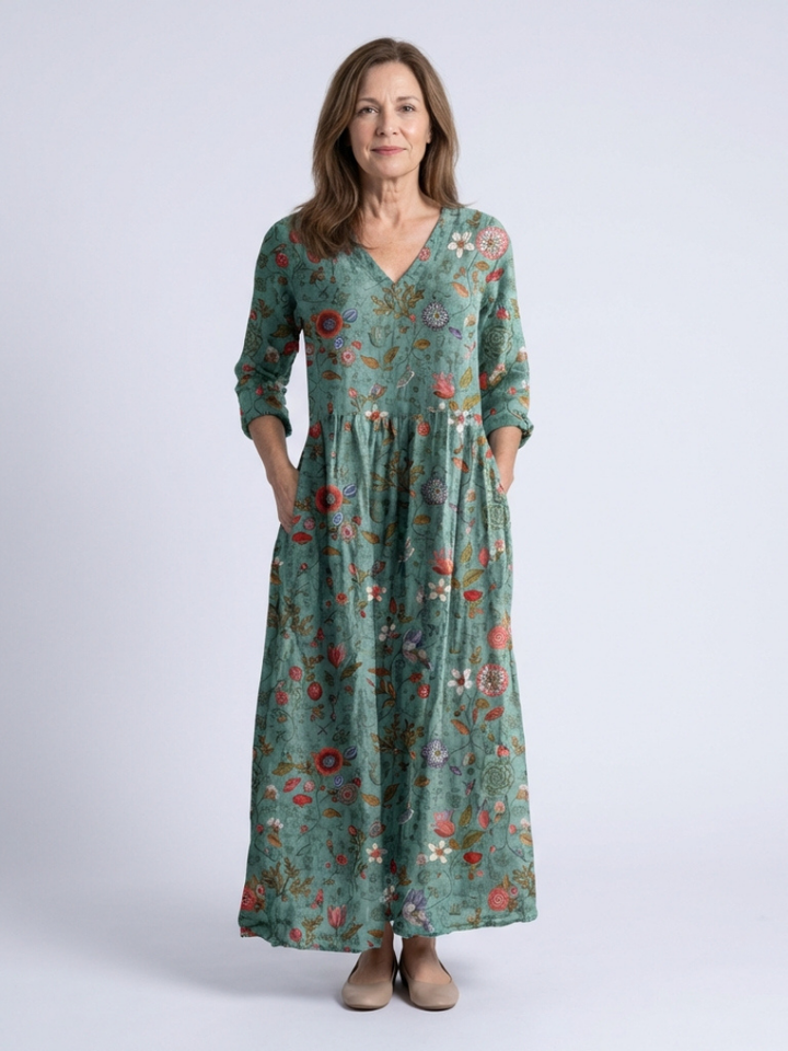Marina | Robe Maxi à Col V Floral à Manches Trois Quarts