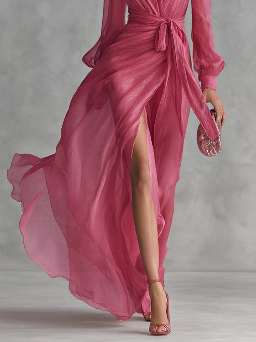Beatrice | Robe Longue Élégante en Chiffon avec Décolleté en V et Ceinture à Nouer