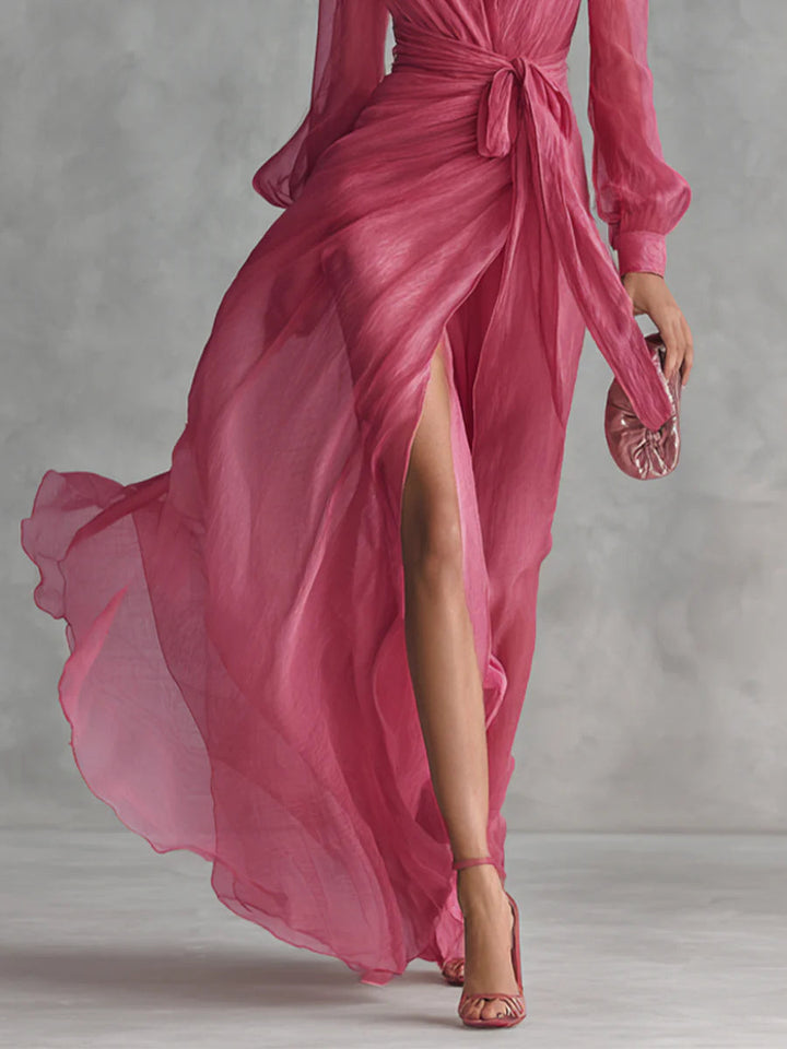 Beatrice | Robe Longue Élégante en Chiffon avec Décolleté en V et Ceinture à Nouer