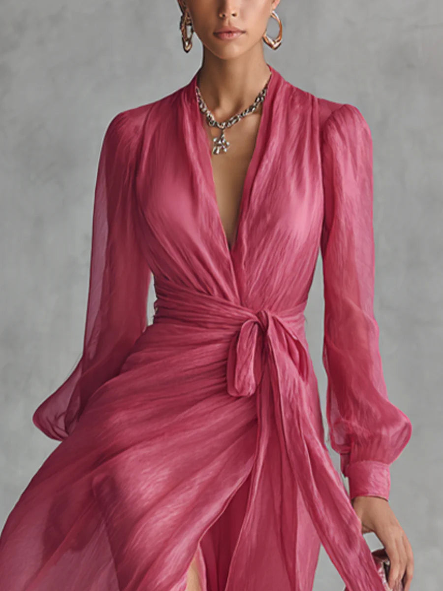 Beatrice | Robe Longue Élégante en Chiffon avec Décolleté en V et Ceinture à Nouer