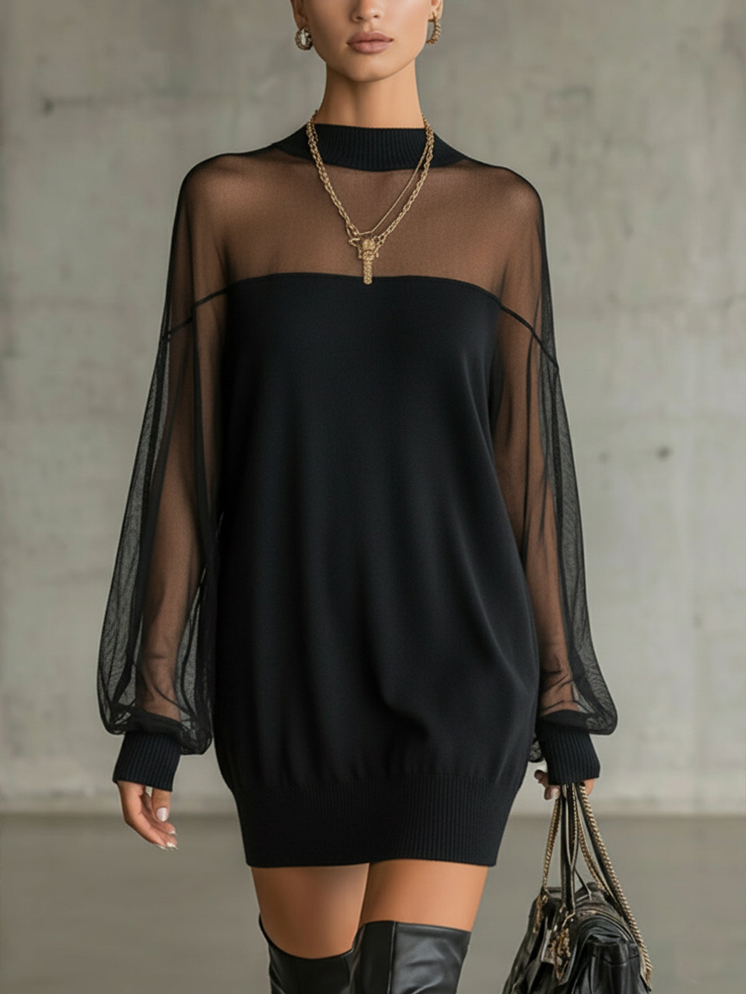 Amélie™ | Élégante Mini Robe Noire avec Manches en Résille