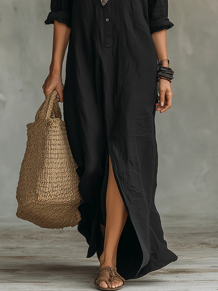 Veronica™ | Robe Maxi Noire Longue avec Boutons