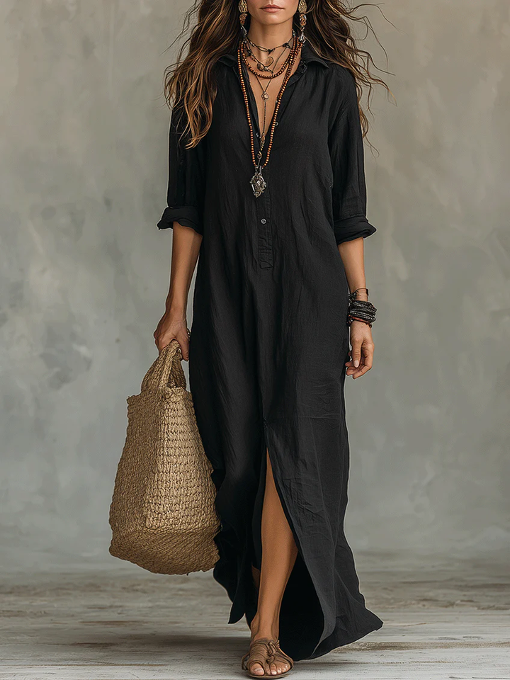 Veronica™ | Robe Maxi Noire Longue avec Boutons