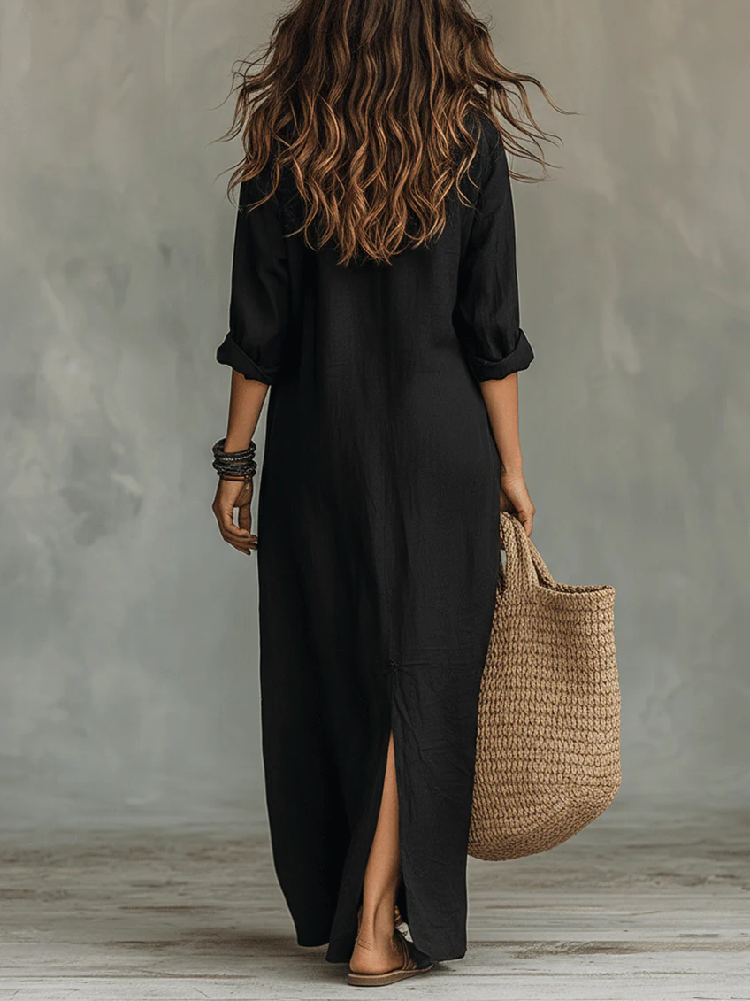 Veronica™ | Robe Maxi Noire Longue avec Boutons