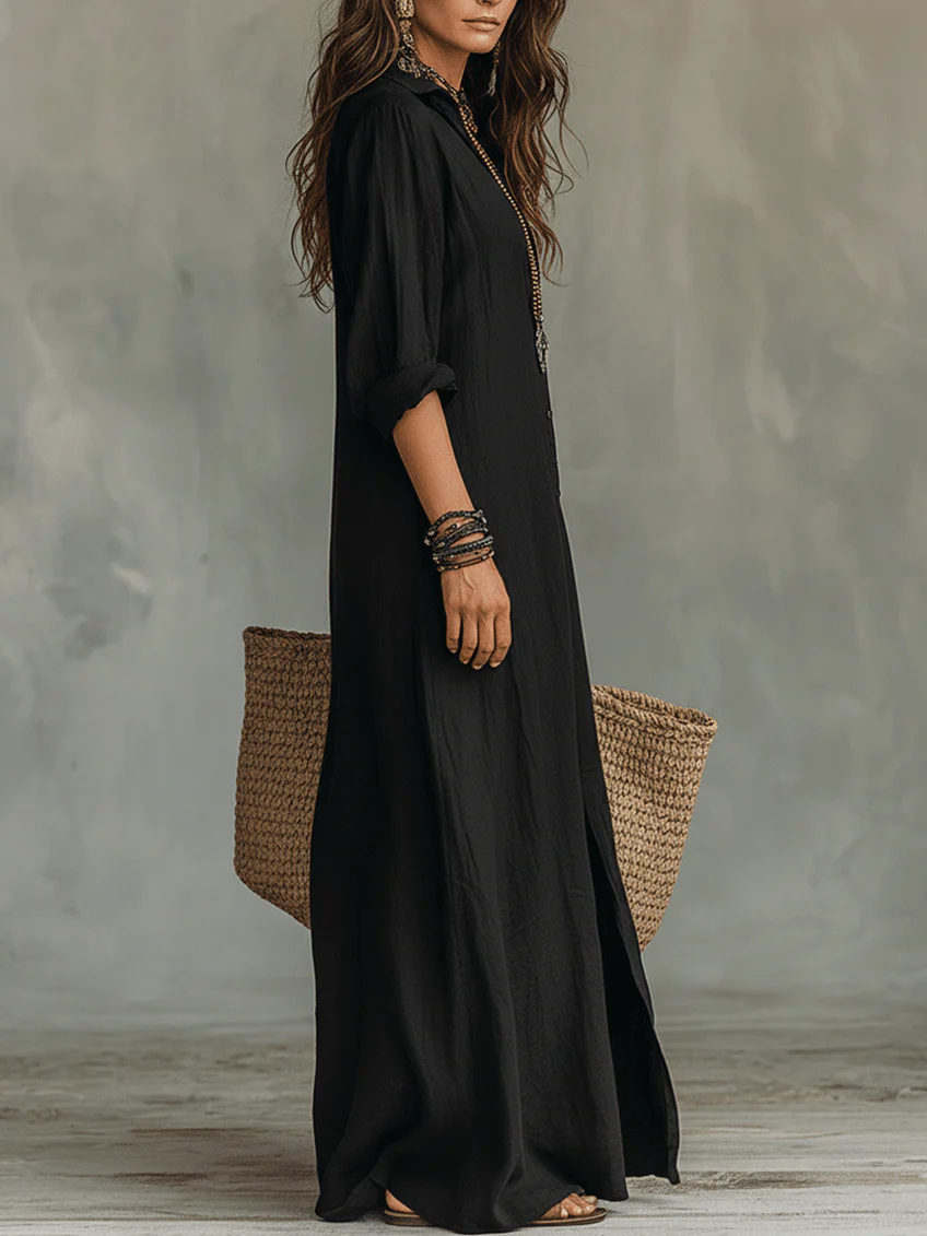 Veronica™ | Robe Maxi Noire Longue avec Boutons