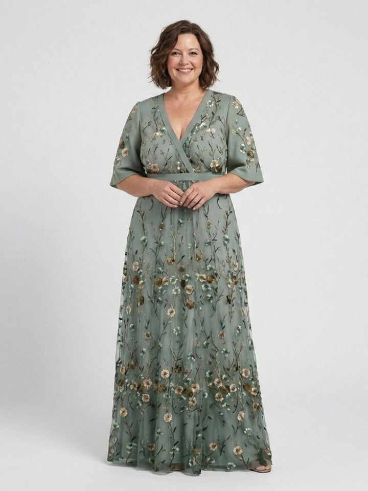 Evadne | Robe Maxi à Encolure V Florale à Manches Courtes