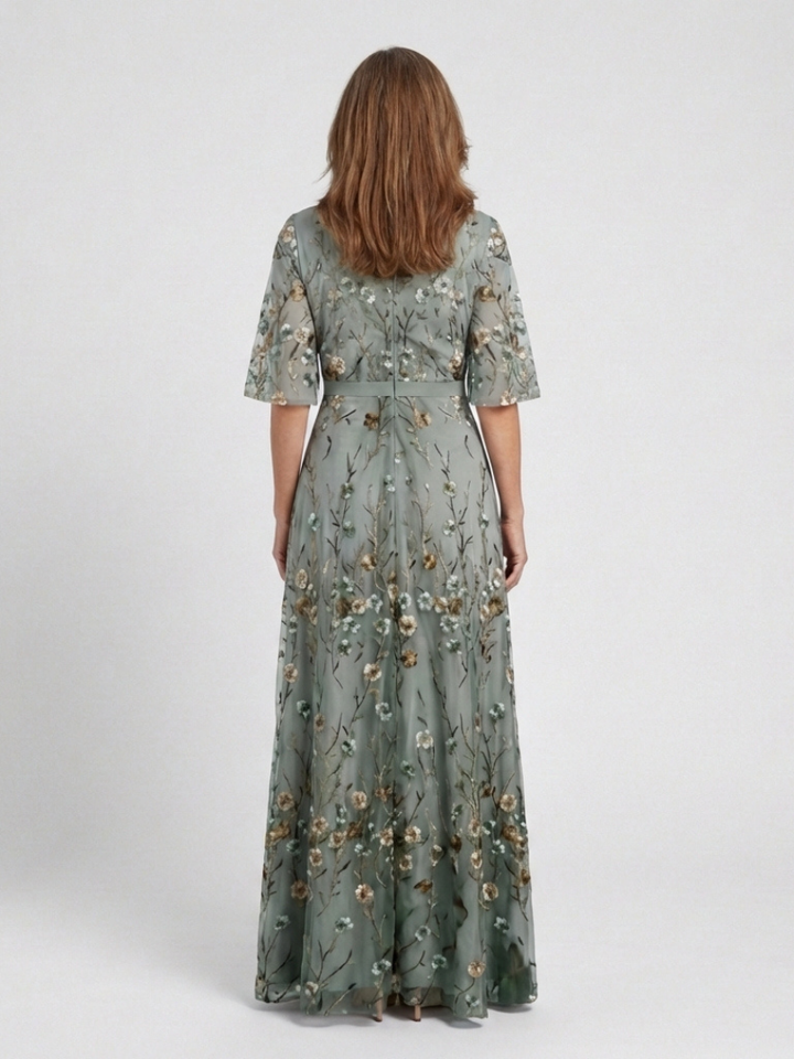 Evadne | Robe Maxi à Encolure V Florale à Manches Courtes