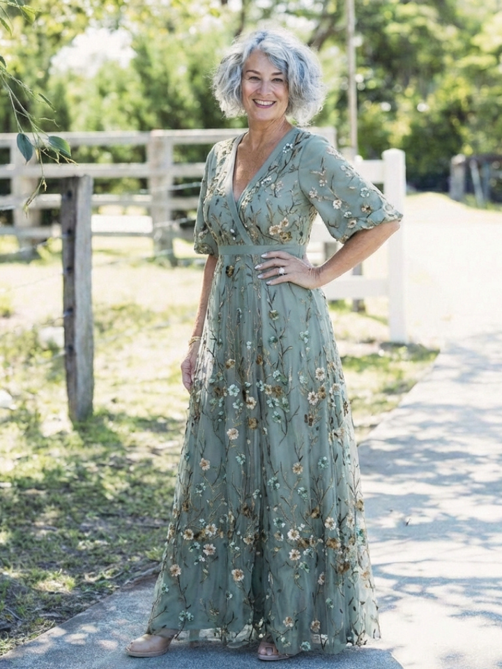 Evadne | Robe Maxi à Encolure V Florale à Manches Courtes