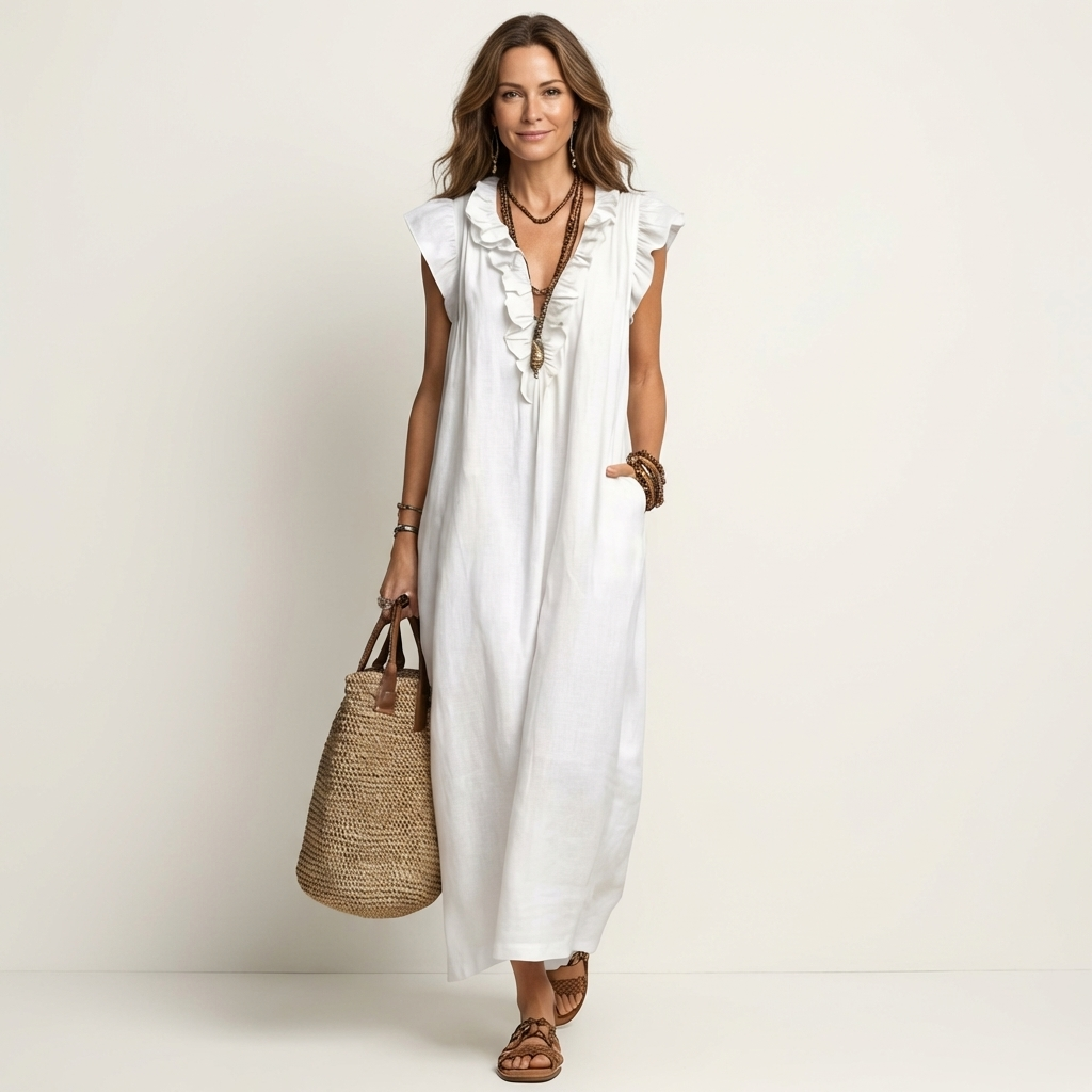 Josette | Robe Maxi à Col V Volant