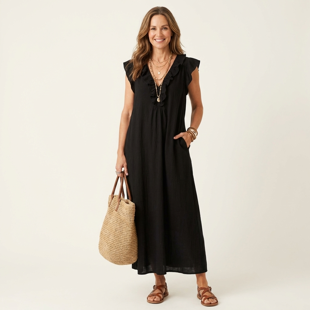 Josette | Robe Maxi à Col V Volant