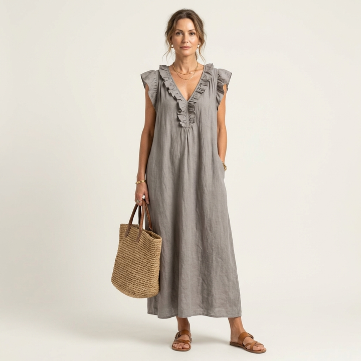 Josette | Robe Maxi à Col V Volant