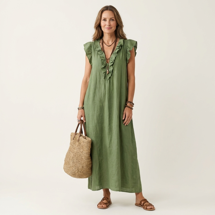 Josette | Robe Maxi à Col V Volant
