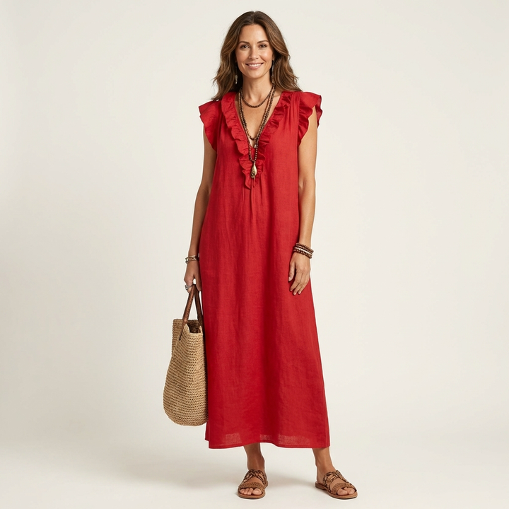 Josette | Robe Maxi à Col V Volant